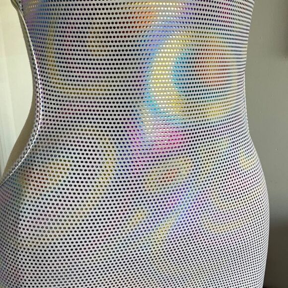 Holographic Mini Dress Tie Back, 80’s L.W. Sin-Sations body con sz s/m form fit - Picture 5 of 16